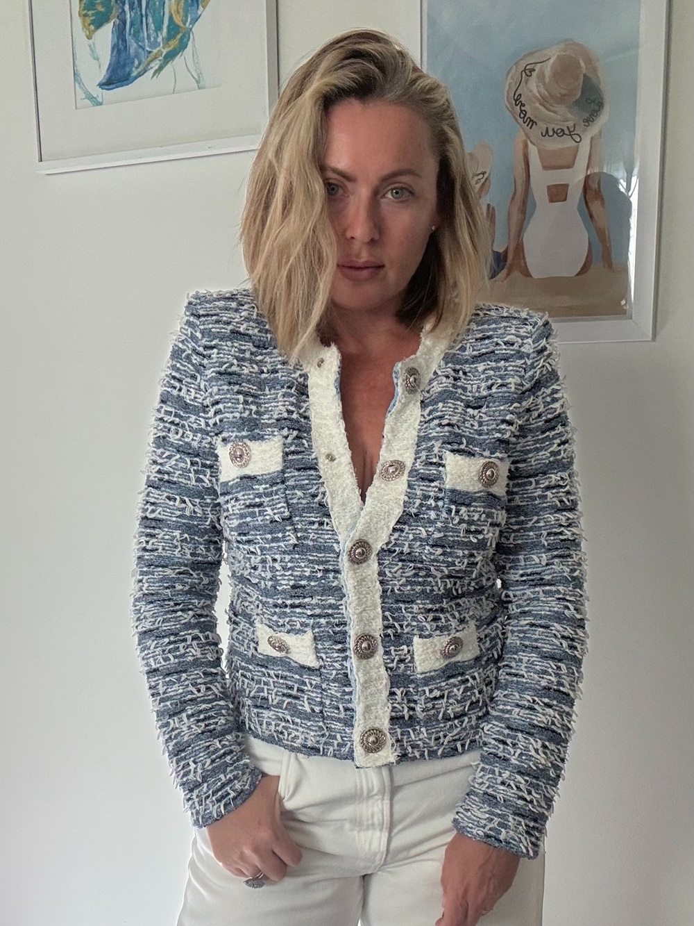 Vintage Pookie & Sebastian Blue White Bouclé Tweed Blazer Jacket Size 6 USA